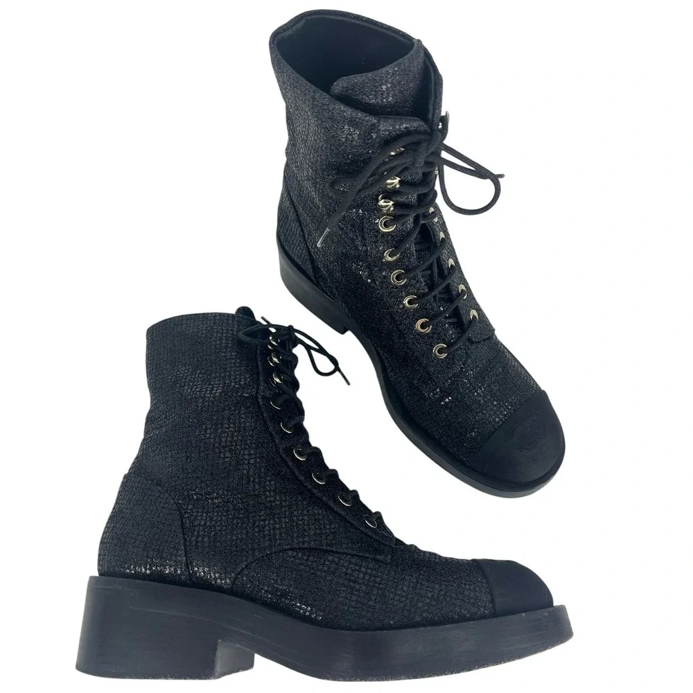Chanel‎ 2022 CC Logo Glitter Combat Boots Black Runway Virginie Viard 38.5